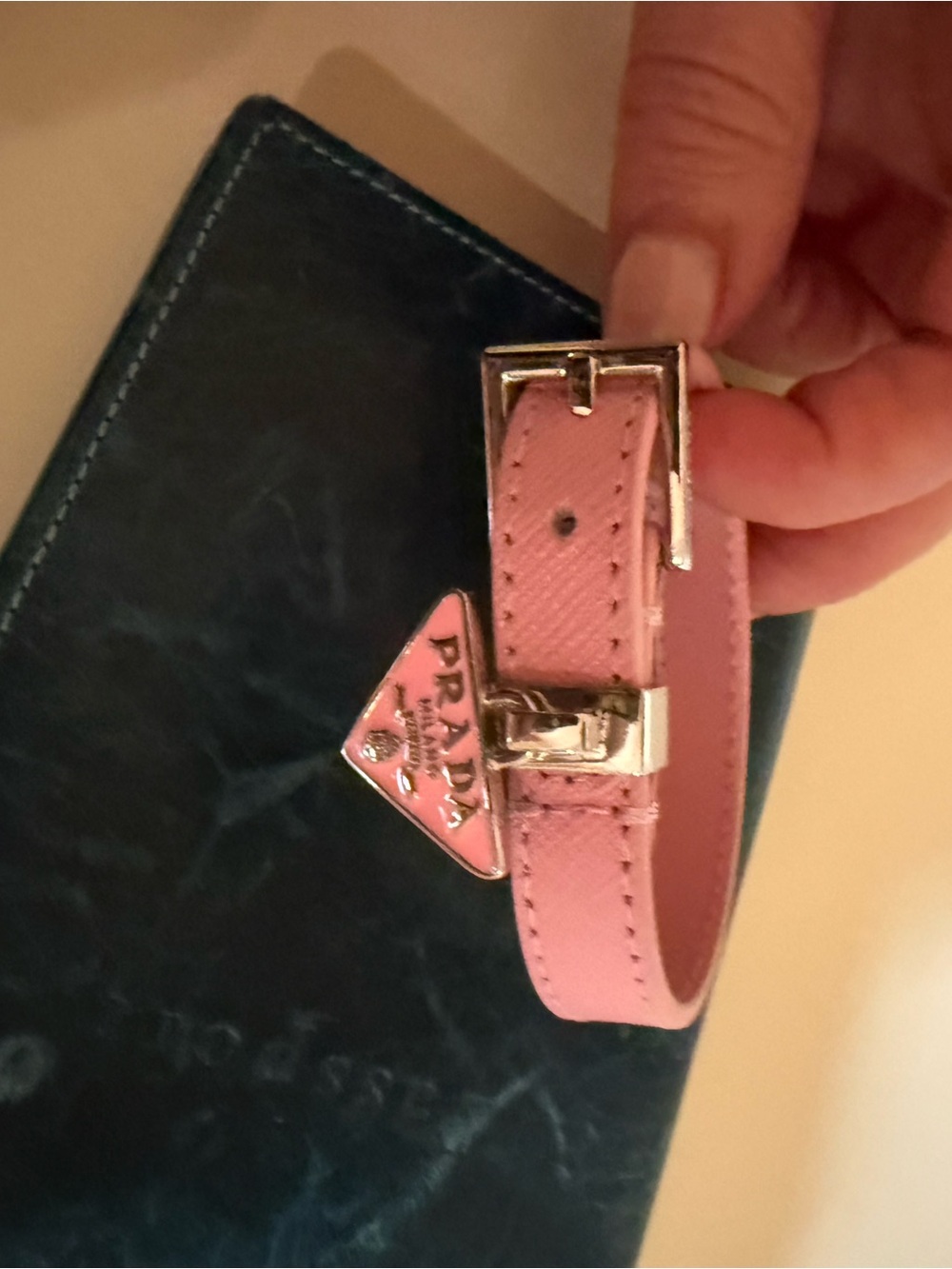 Prada Pink Saffiano Leather Bracelet Ag 925 Sterling Silver Triangle Logo